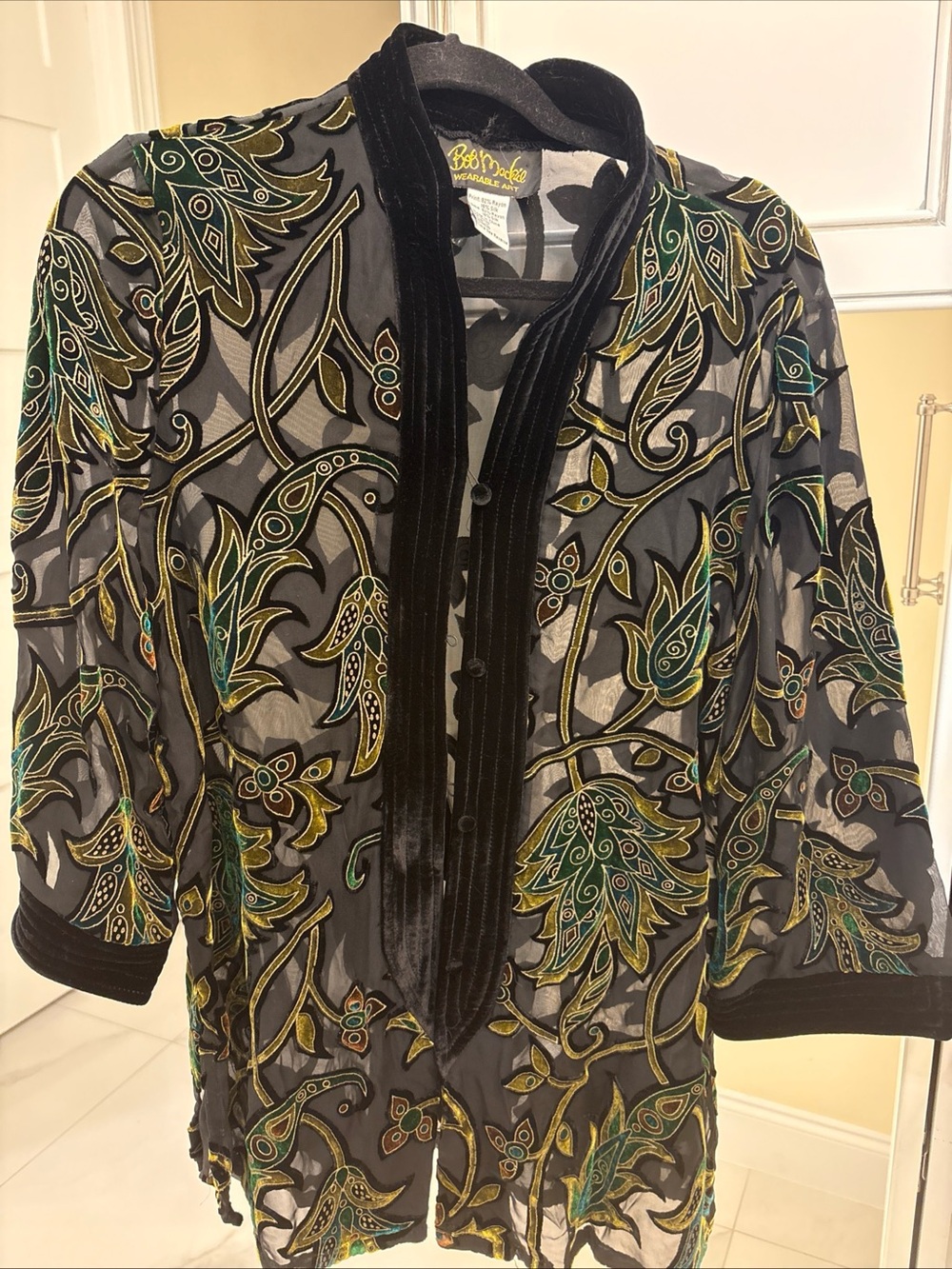 Vintage Bob Mackie Black Velvet-Trim Floral Wearable Art Jacket - Medium